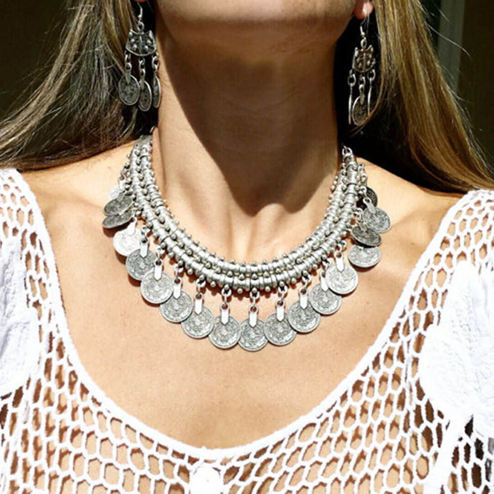 Women Accessories Pakistan - Vintage Alloy Coins Tassel Choker Necklace