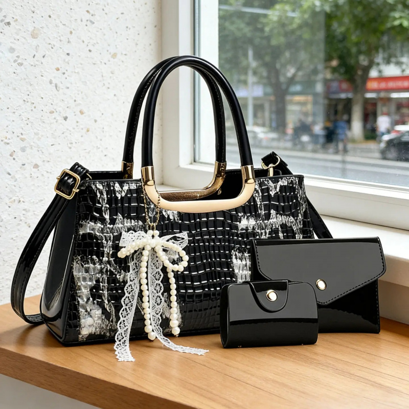 Women Accessories Set - Women's Handbag Set, Crocodile Pattern Evening